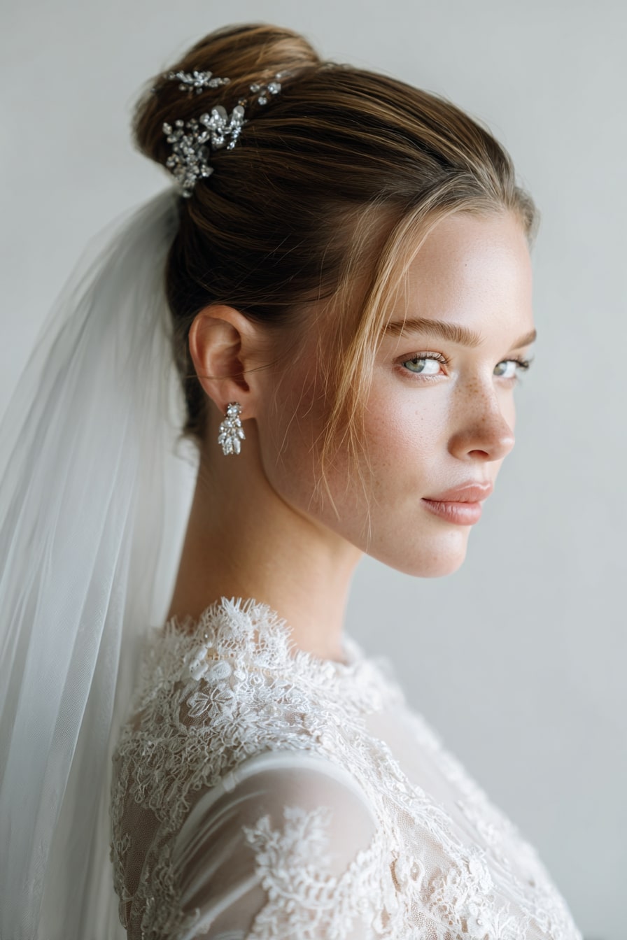 9. The Veiled Grace Updo – Western Bridal Look