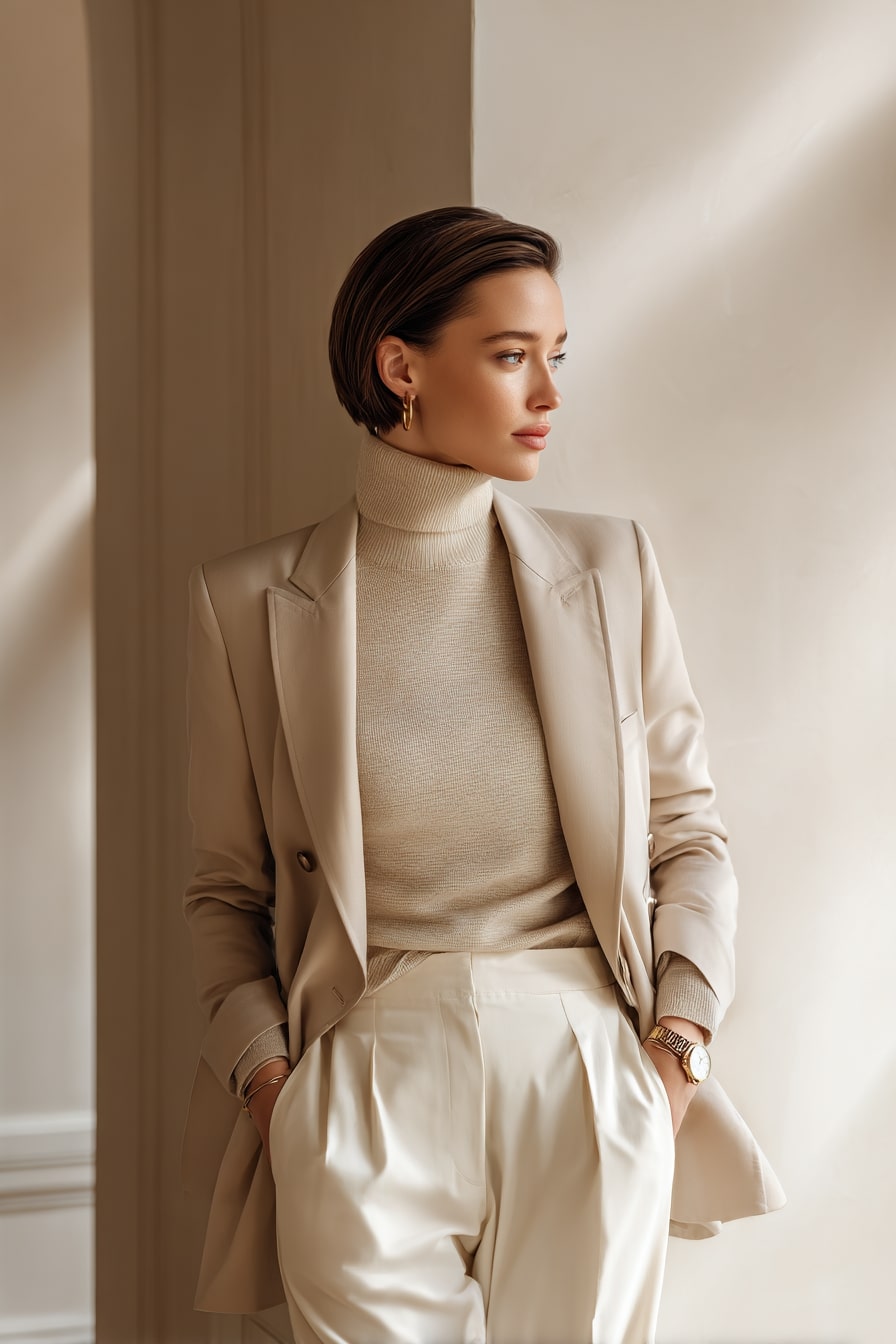 The Sleek Midi Pixie – Understated Power in Tailored Neutrals