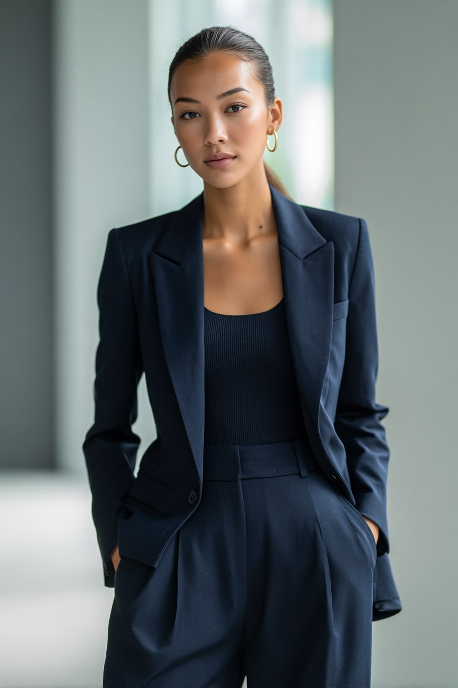 1. Sleek Monochrome Edit Structured Navy Blazer & Cropped Trousers