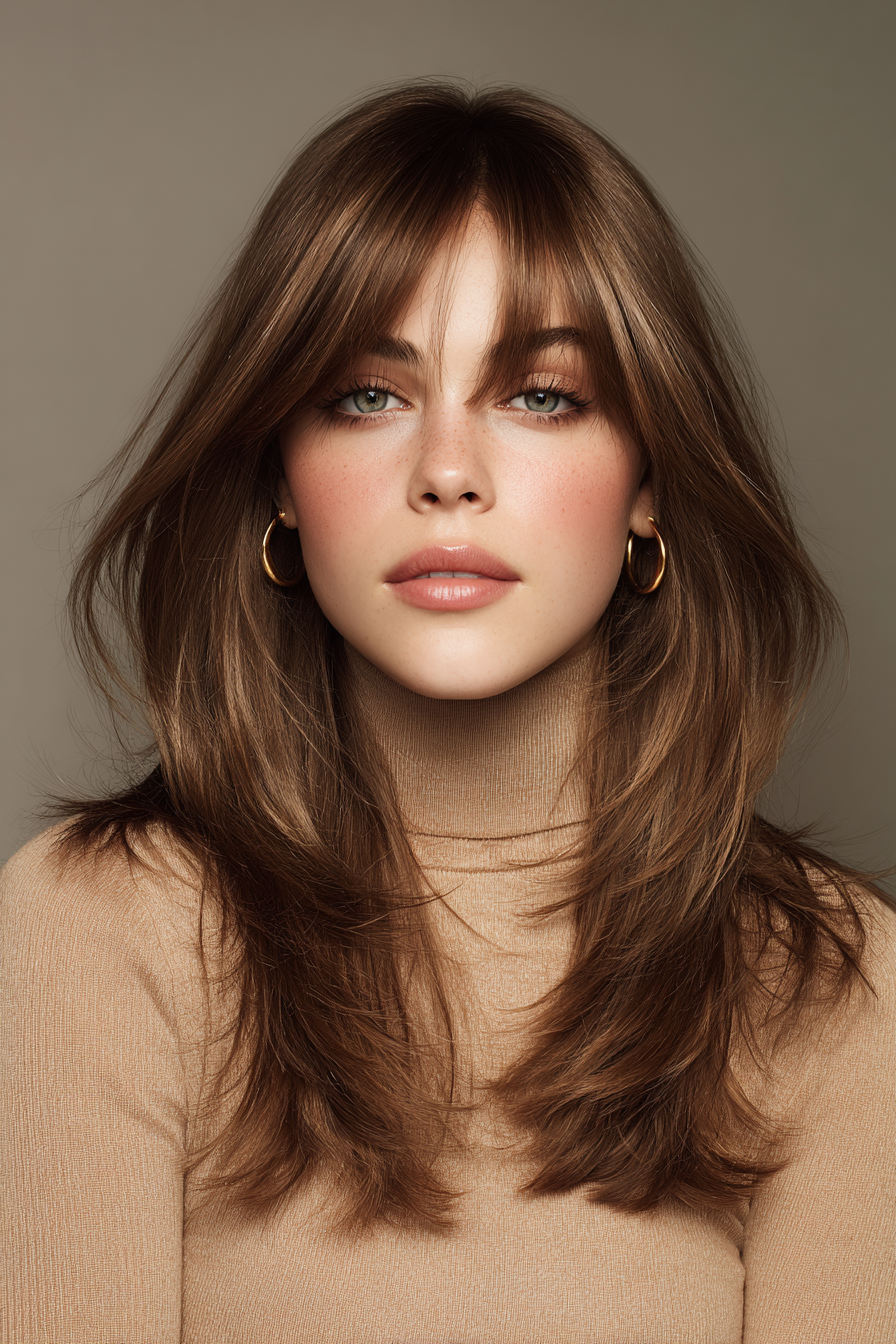 1. Soft Volume Elegance Mid-Length Layers with Curtain Bangs