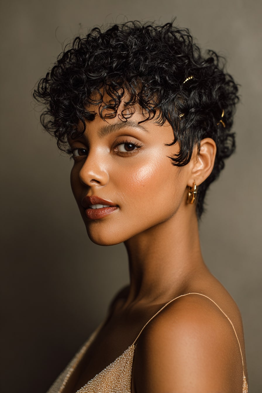 8. Velvet Curl Pixie – Defined Curls with Gloss Finish