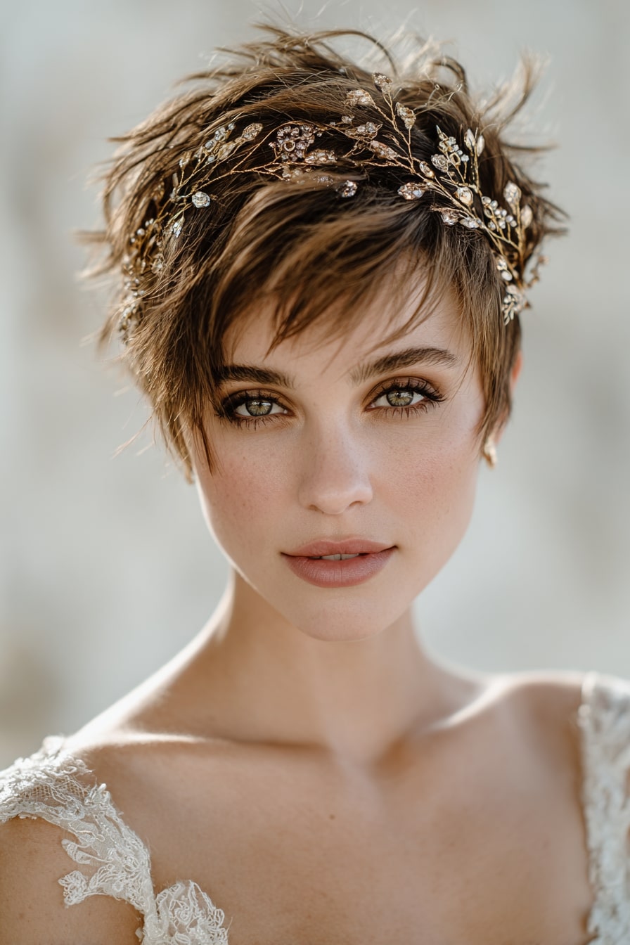 12. Wild Petal Pixie – Tousled Texture with Hair Vine