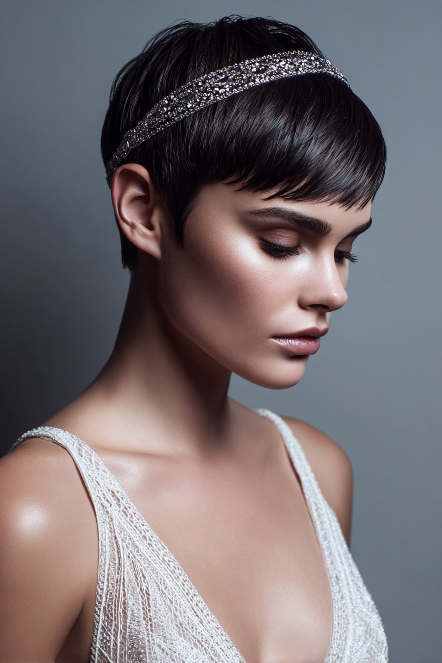 5. Luminous Crown Pixie – Sleek Metallic Finish with Headpiece