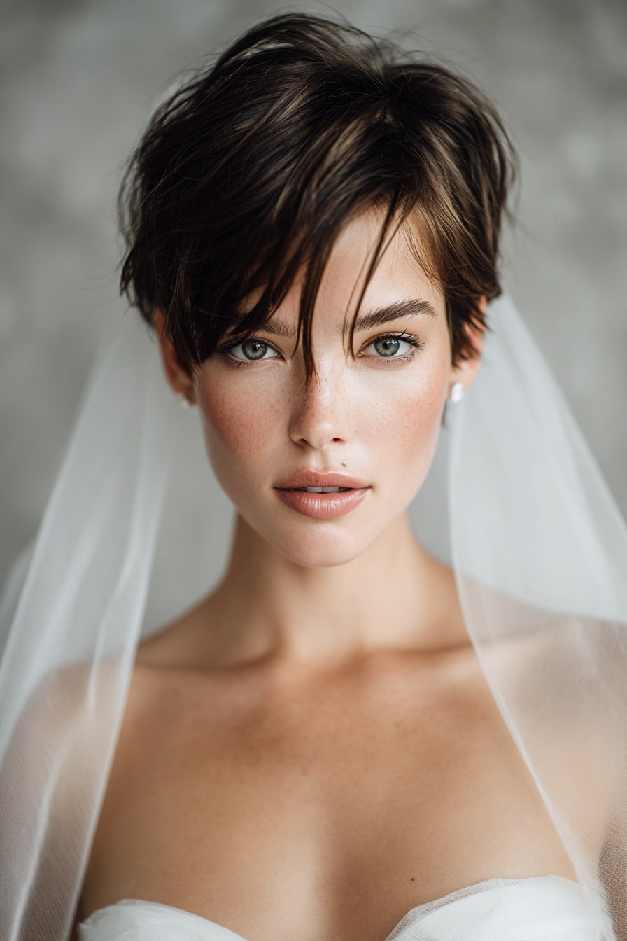 6. Barely-Tousled Radiance – Natural Pixie with Veil Integration