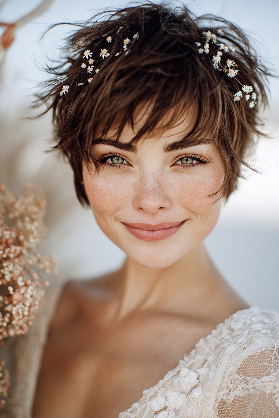 2. Soft Whispers Pixie – Airy Layers with Floral Accents