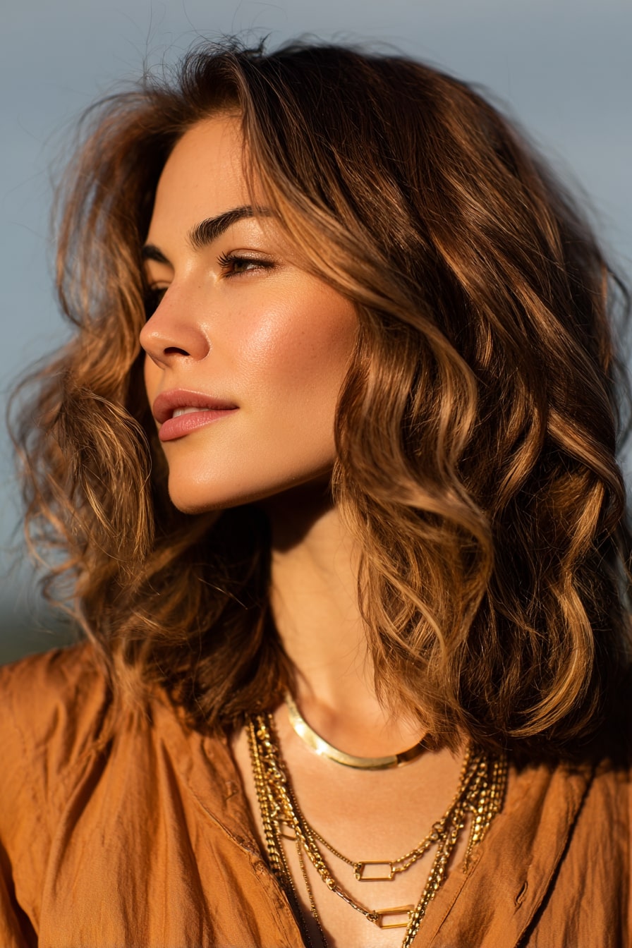 4. Sunset Shimmer  Warm Balayage V-Cut