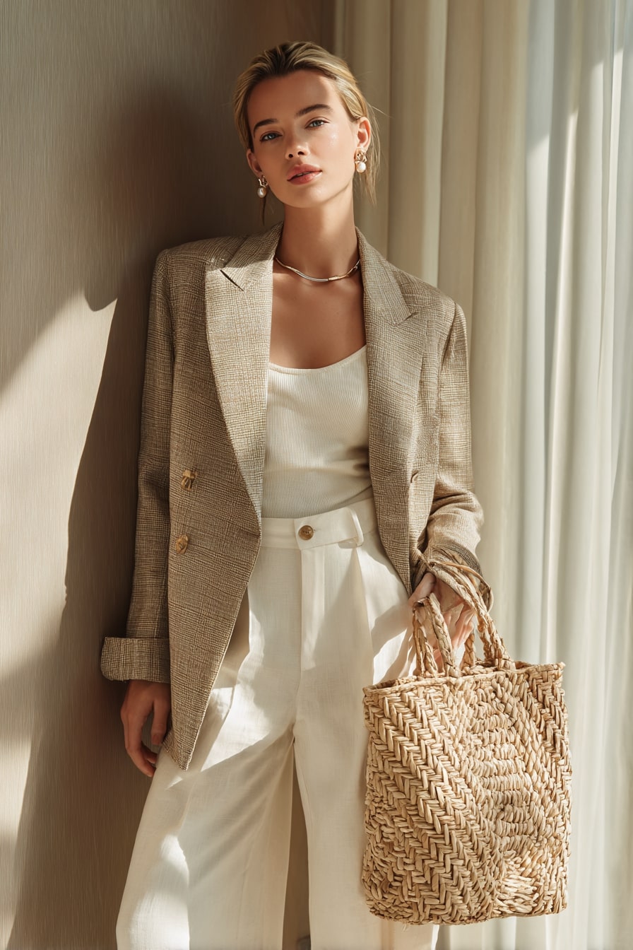 4. Smart Neutrals Sand Linen Blazer & White Wide-Leg Pants