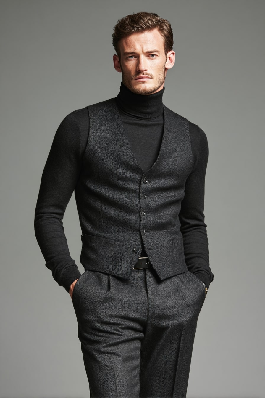 8. Executive Edge Pinstripe Suit with Statement Belt (Men’s)