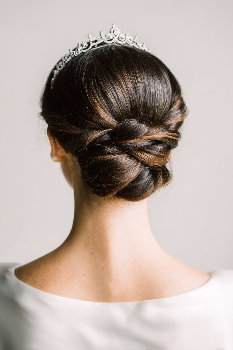 12. Regal Harmony — Low Twisted Knot with Tiara Accent