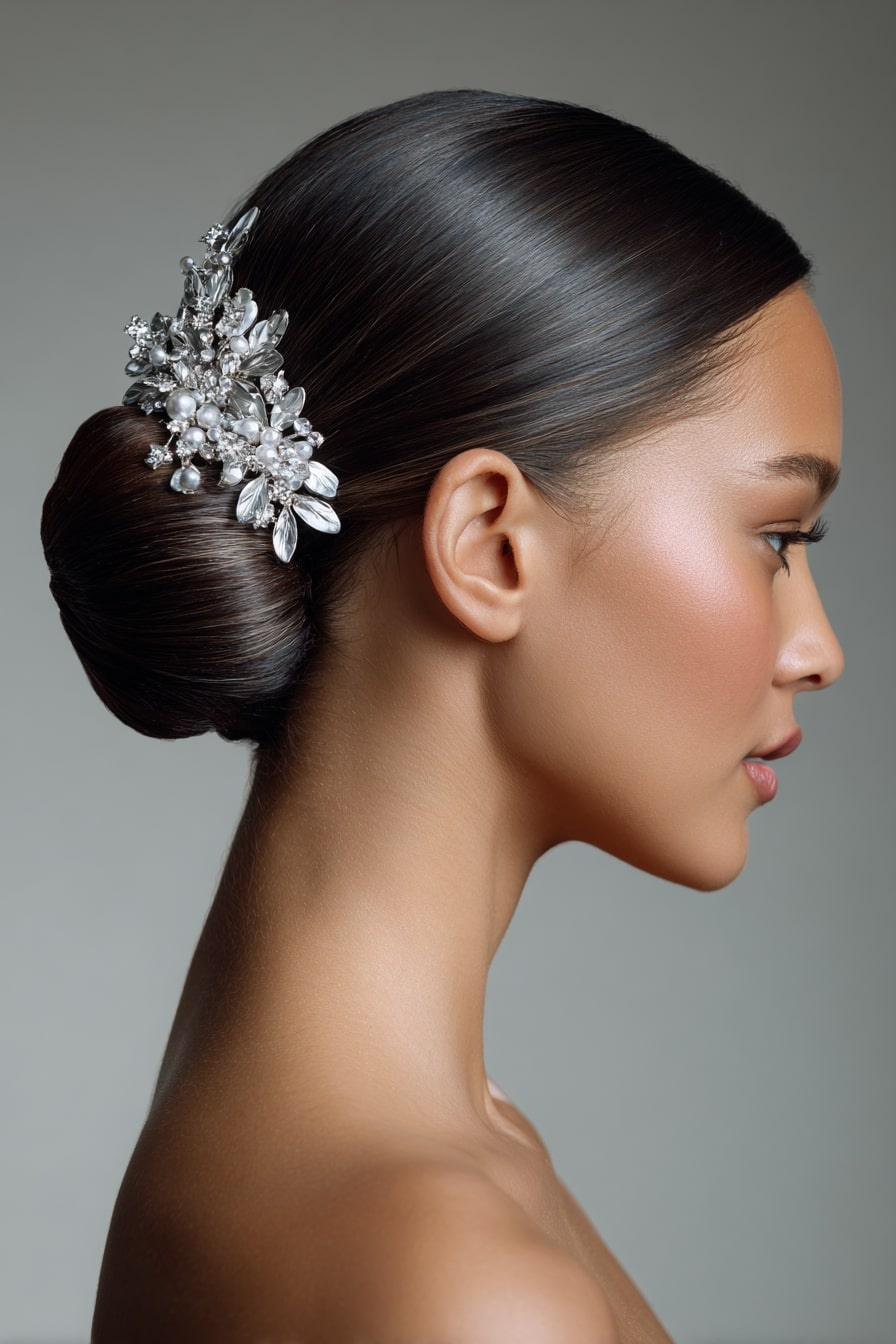 9. Silver Bloom — Polished Bun with Metallic Hair Flowers