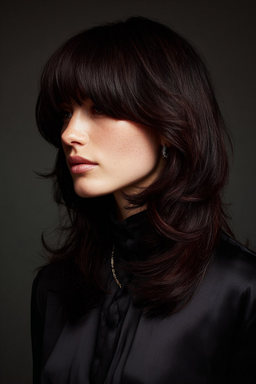 8. Midnight Drama Layered Shag with Heavy Bangs