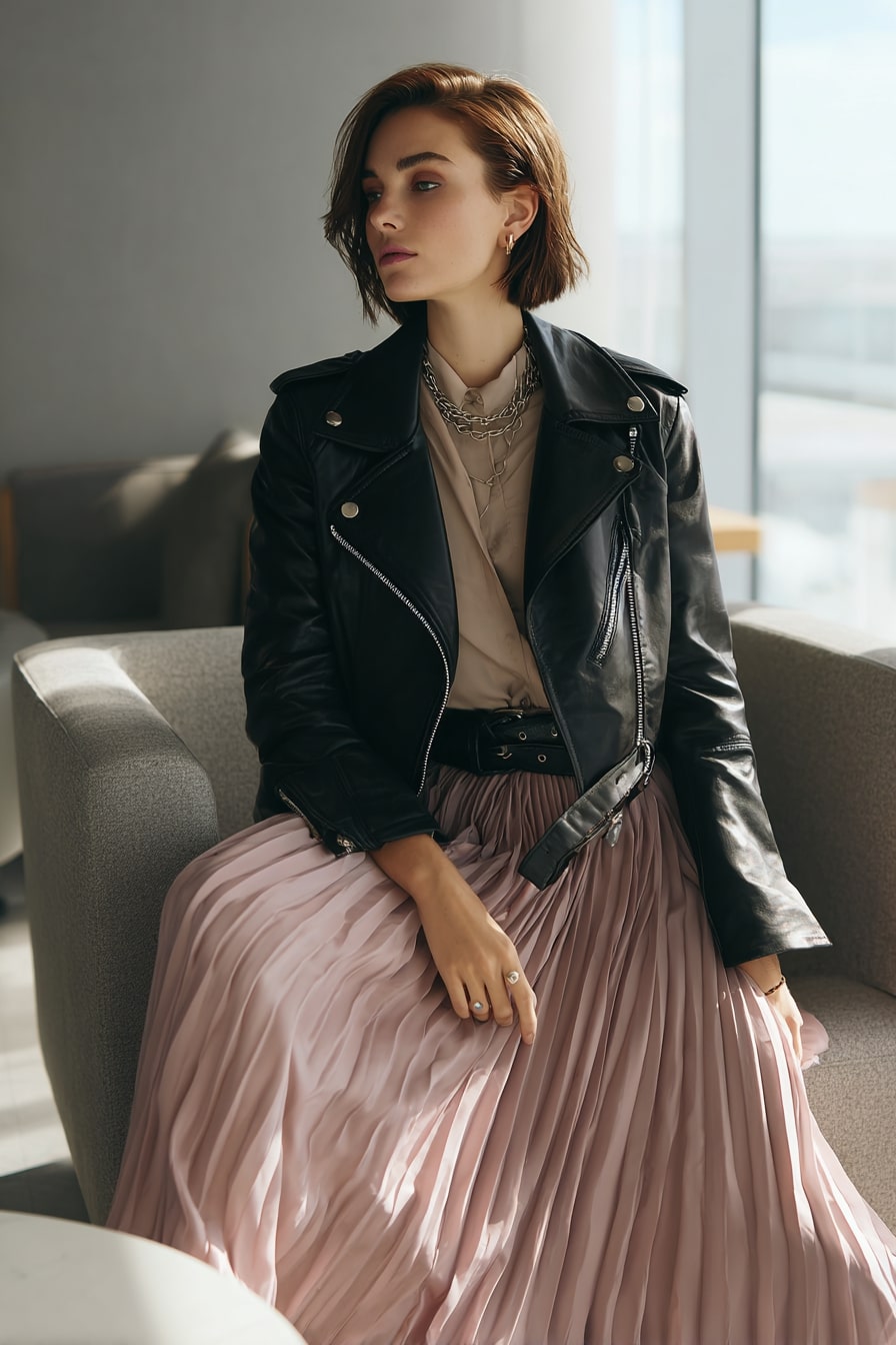3. Urban Edge Cropped Leather Jacket & Pleated Midi Skirt