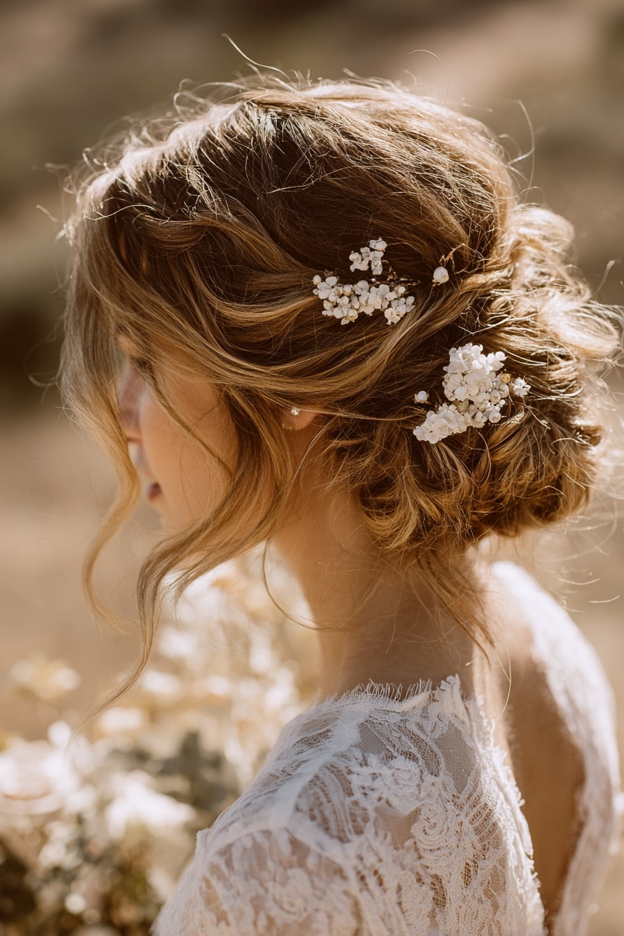 13. Loose Textured Bun with Floral Accents