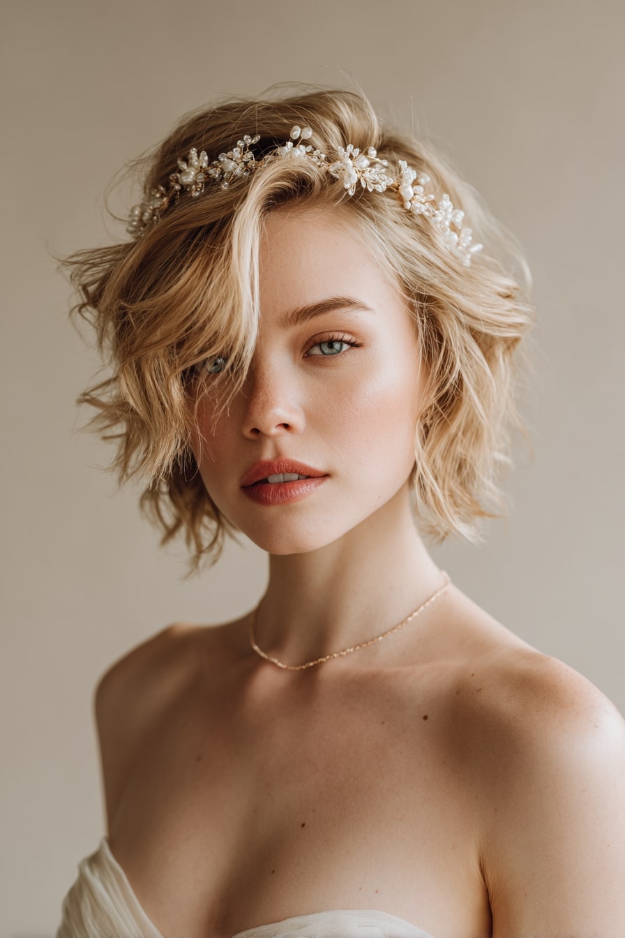 9. Textured Bob with Bridal Headband