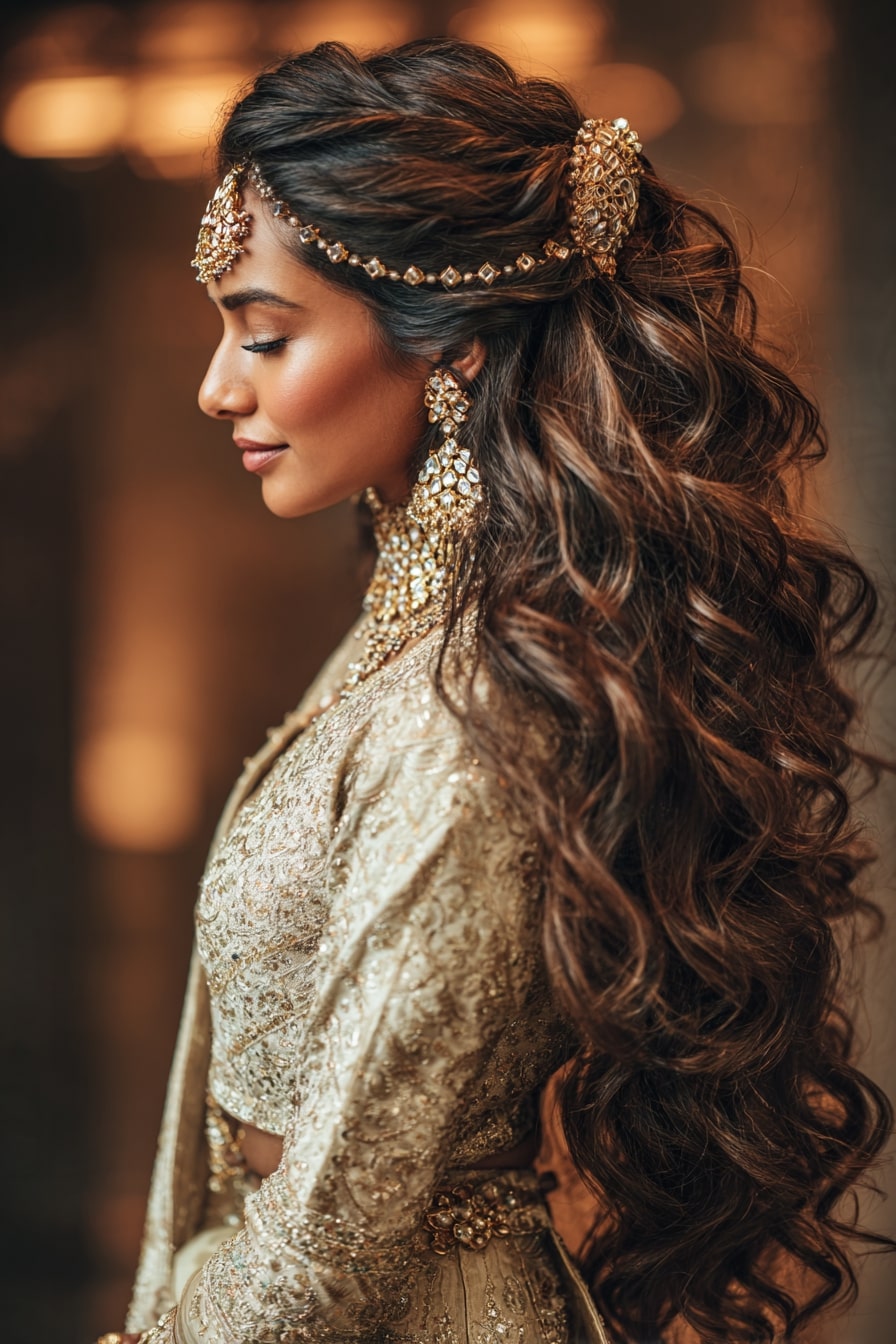 6. The South Asian Splendor – Jewel-Lined Loose Curls