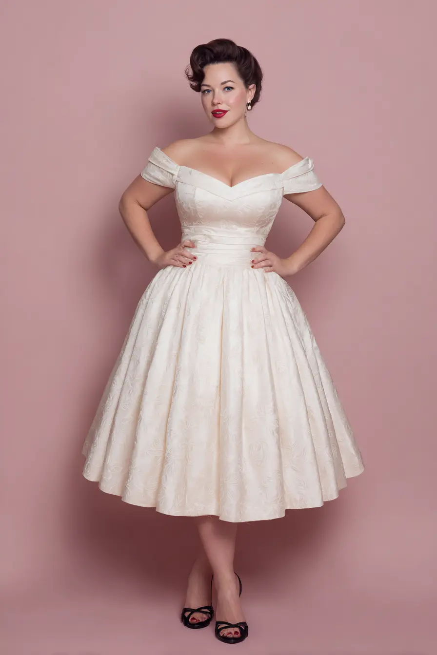 Off-Shoulder Satin Tea Dress + Retro Pin-Up Glam