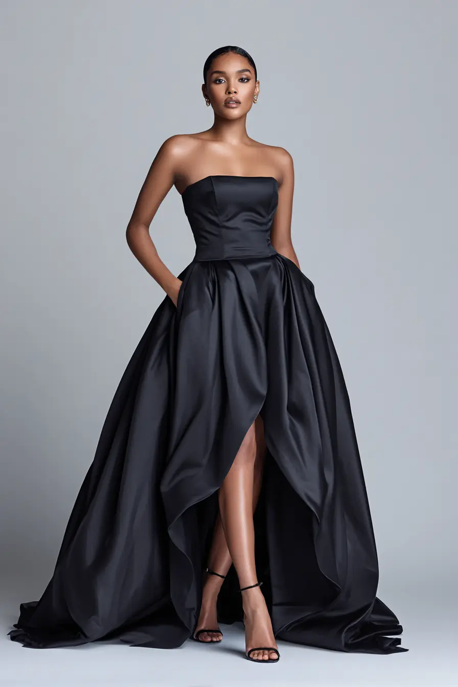 Sculpted High-Low Satin Gown + Bare Shoulder Drama
