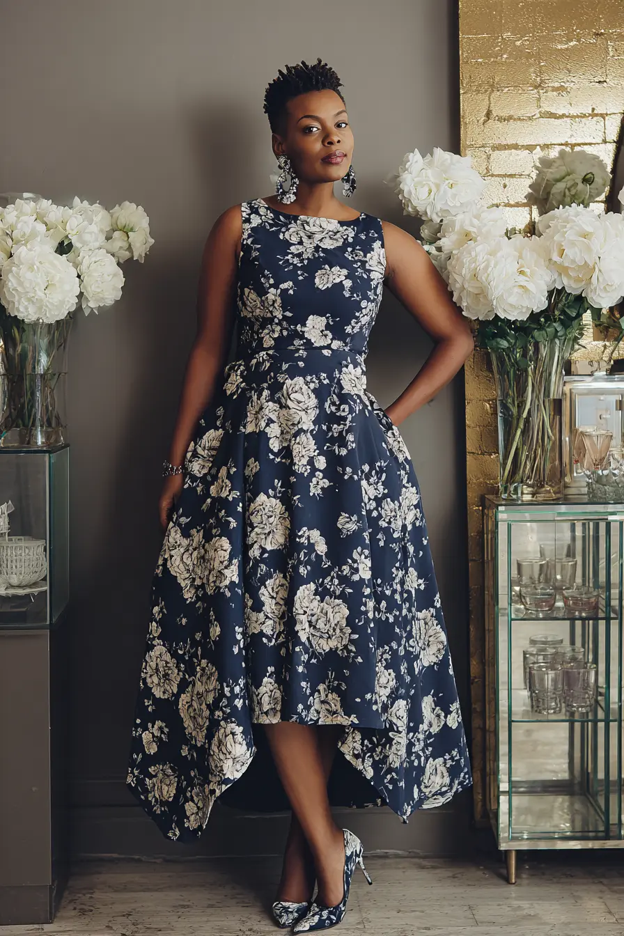 Floral High-Low Dress + Sculptural Earrings