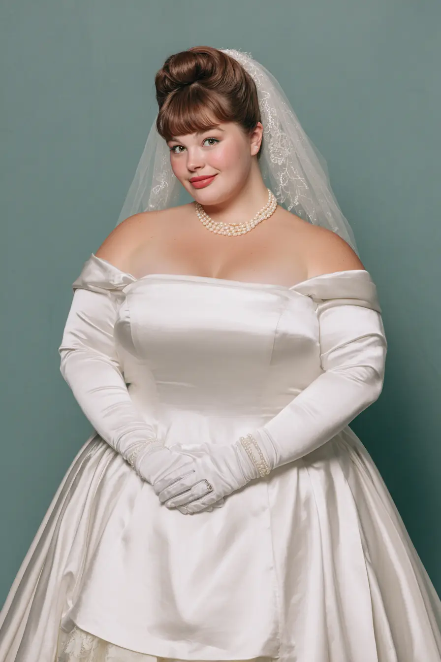 Satin Off-Shoulder Gown + Pearl Gloves