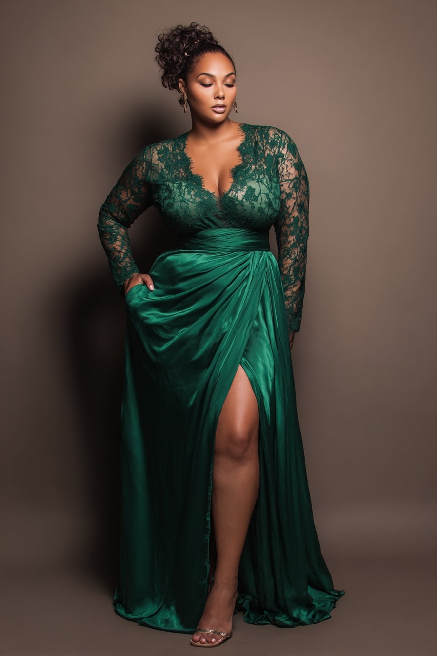 Emerald Lace and Satin Gown with Slit