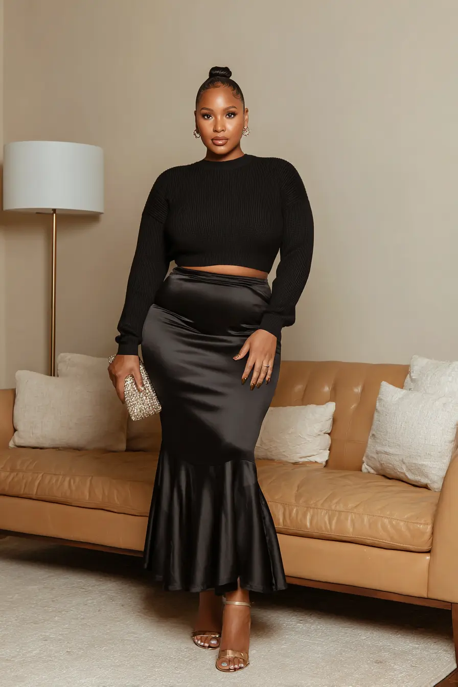 Satin Flounce Skirt + Cropped Knit Combo