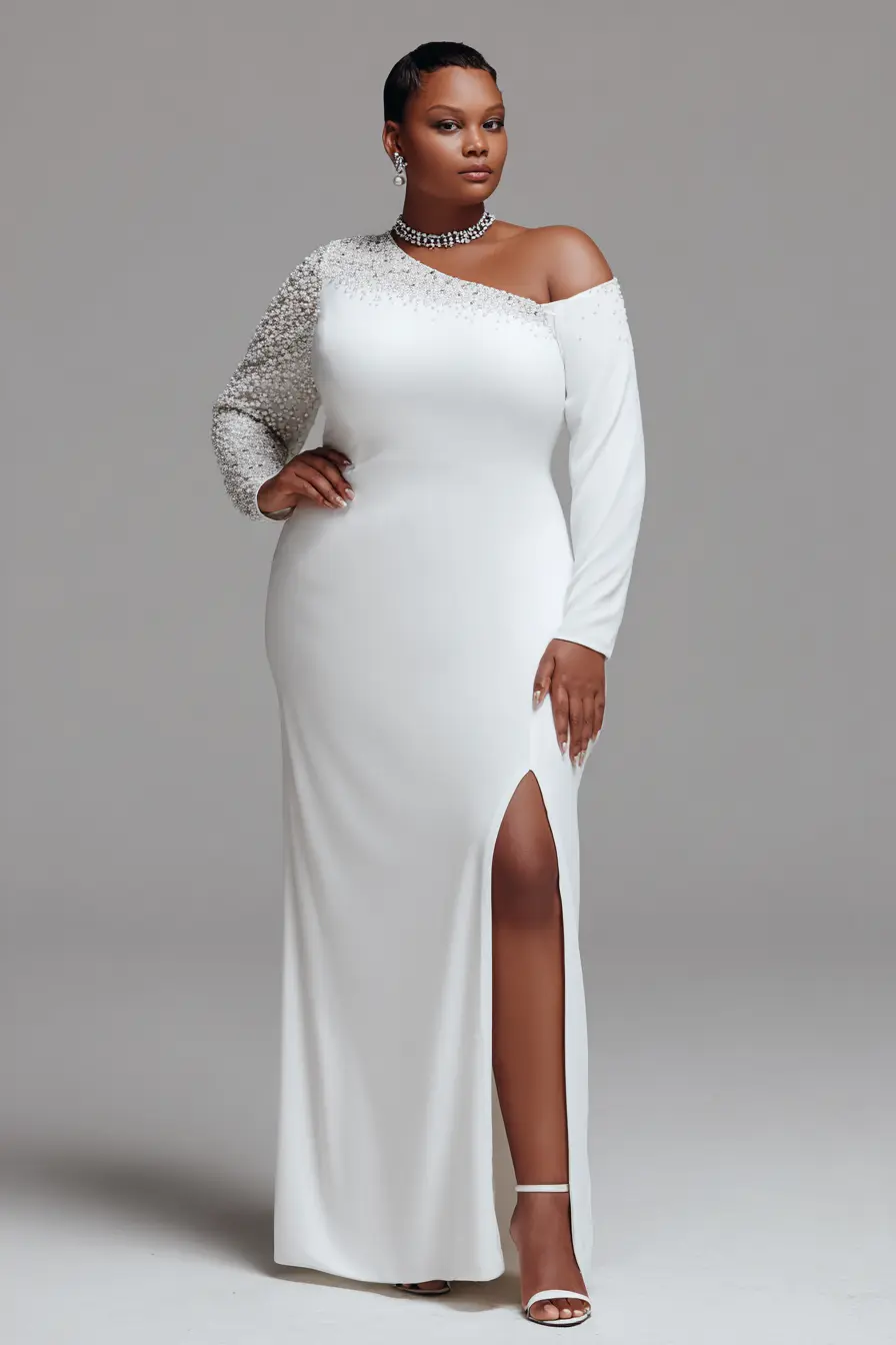 Beaded One-Shoulder Gown + Thigh-High Slit
