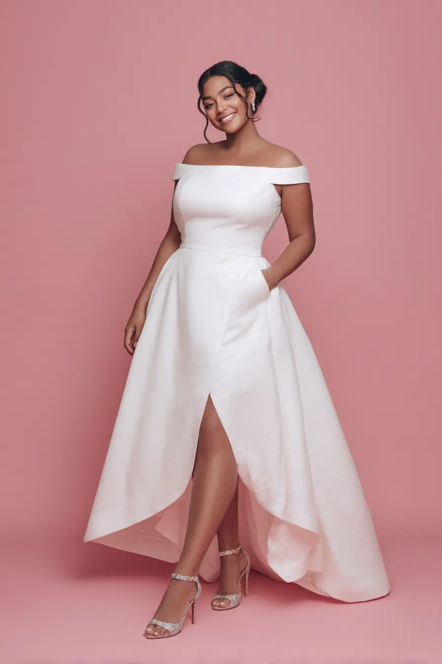 Off-Shoulder A-Line Dress + High-Low Hem