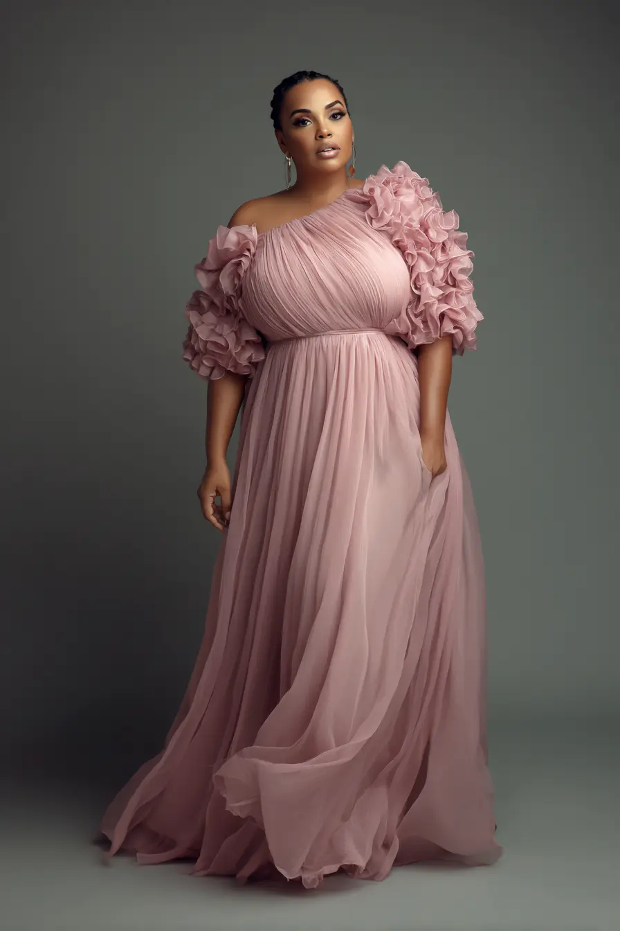 Ruffled One-Shoulder Gown + Flowing Chiffon