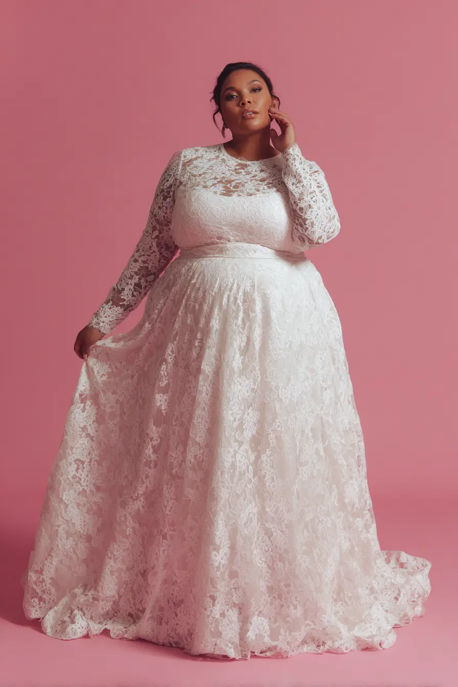 Long-Sleeve Lace Gown + Cinched Waist