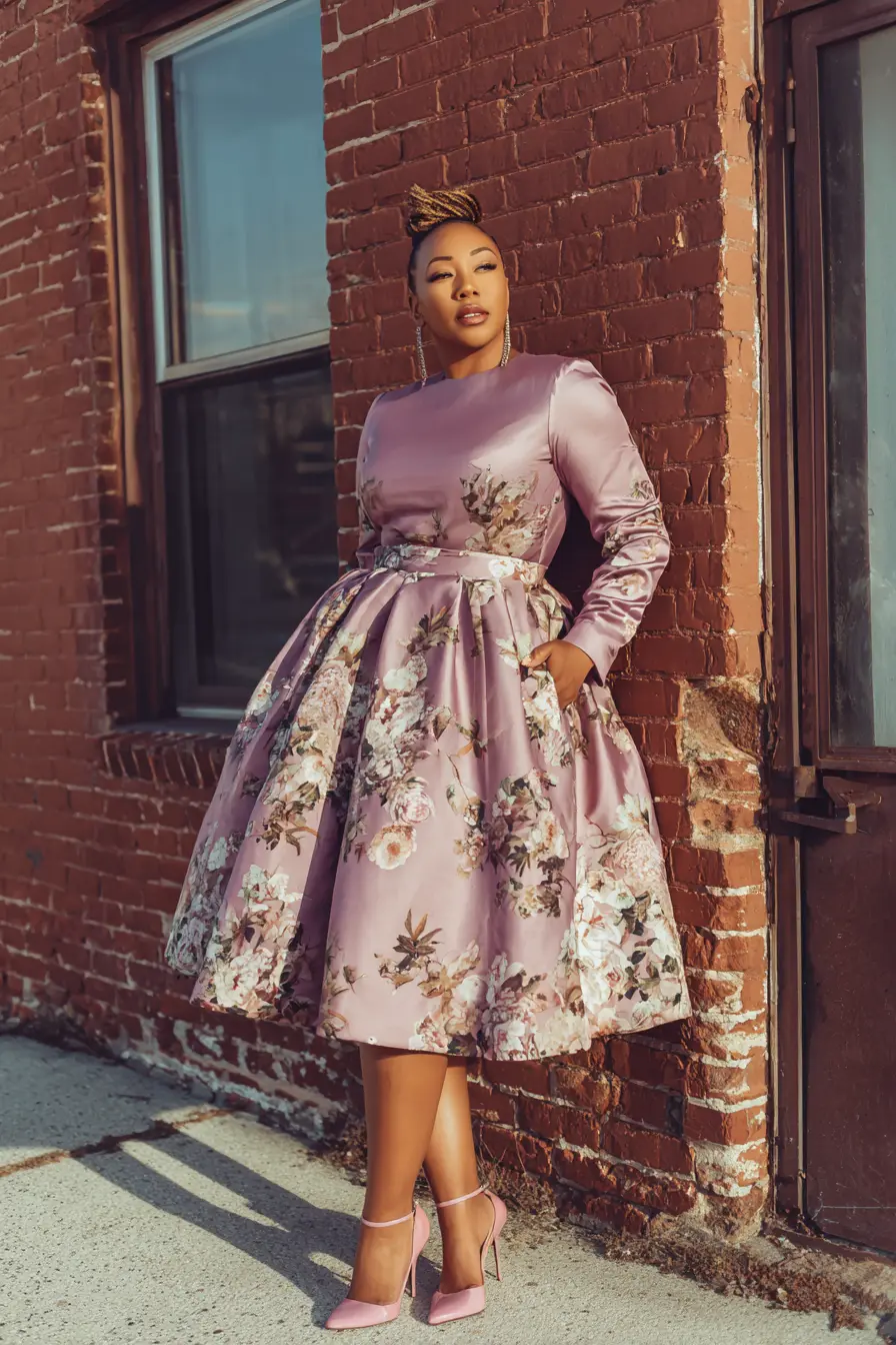 Satin Floral Midi Dress + Waist-Cinched Volume