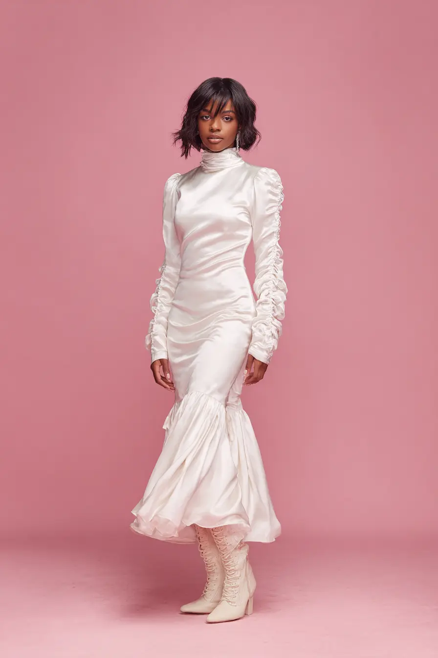 Ruched Satin Midi Dress + Lace-Up Boots