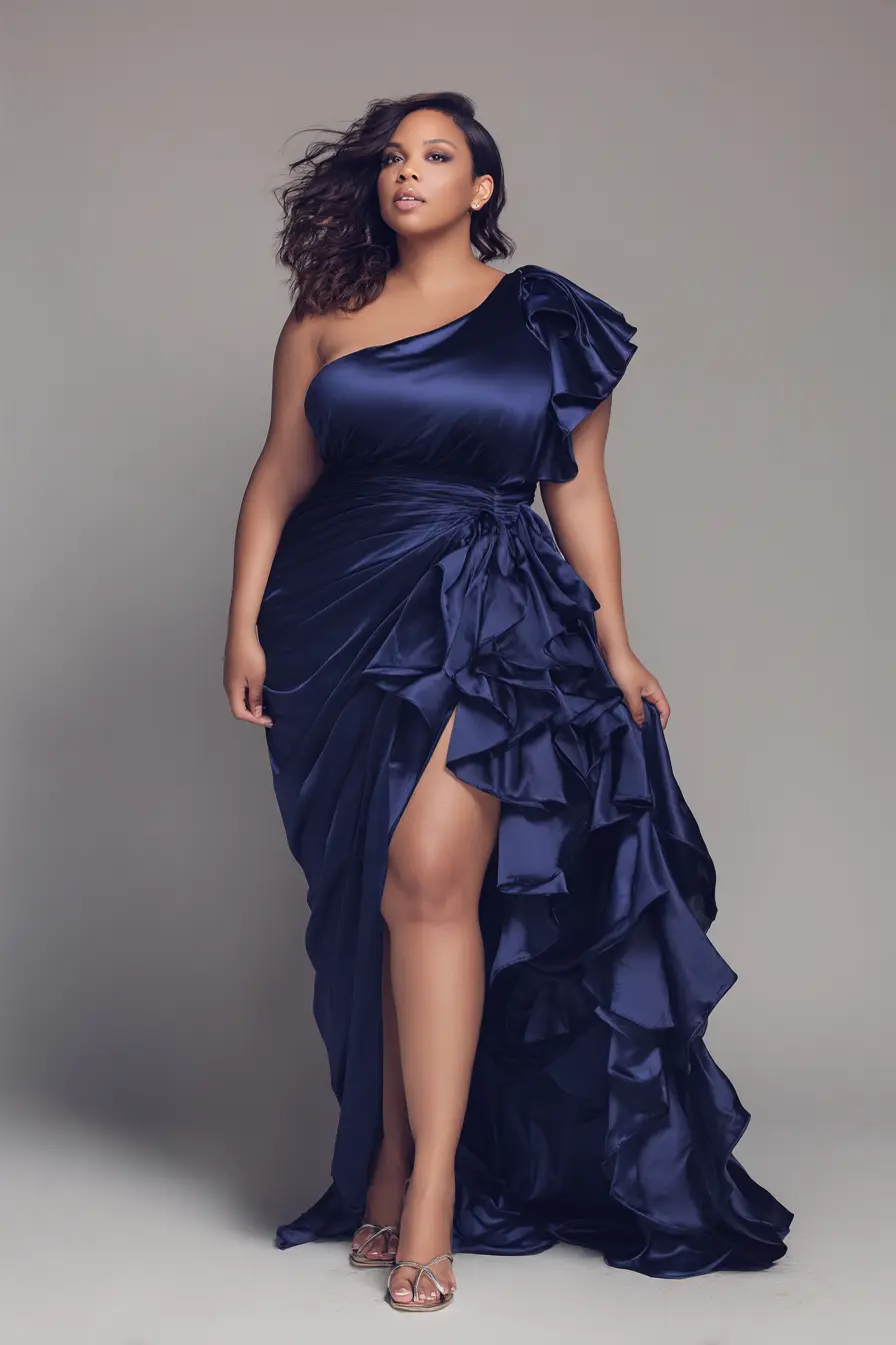 One-Shoulder Satin Gown + Cascading Ruffles