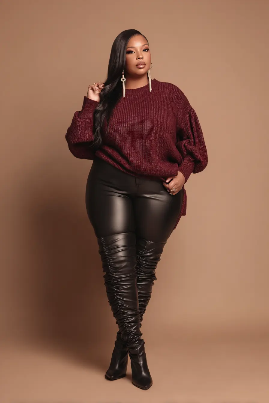 Oversized Knit Sweater + Leather Thigh-High Boots