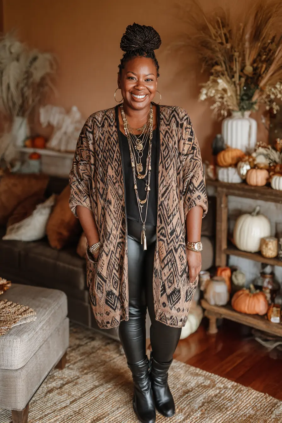 Patterned Kimono Jacket + Black Leather Leggings