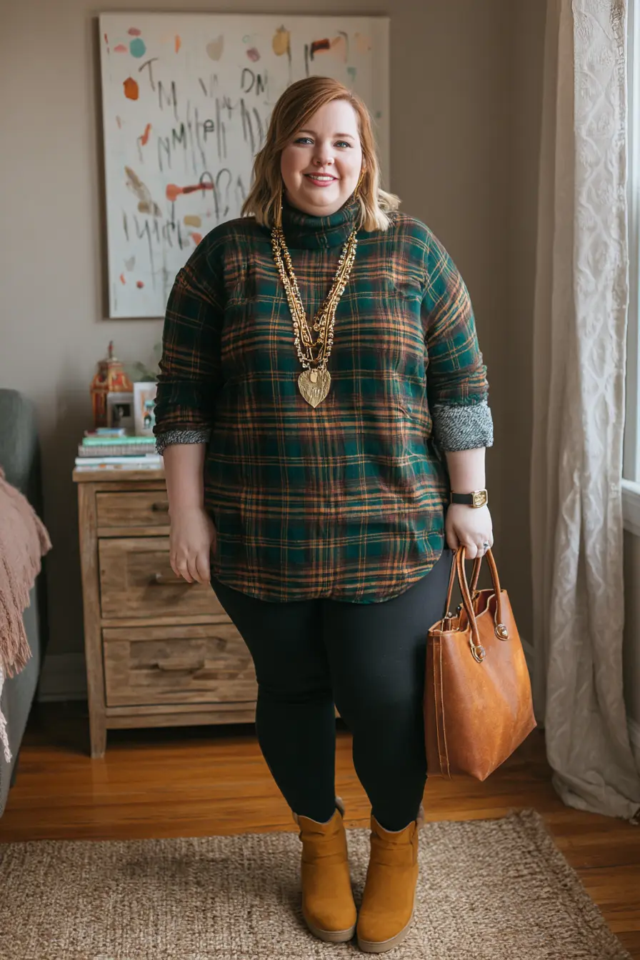 Plaid Tunic + Black Leggings + Cognac Boots