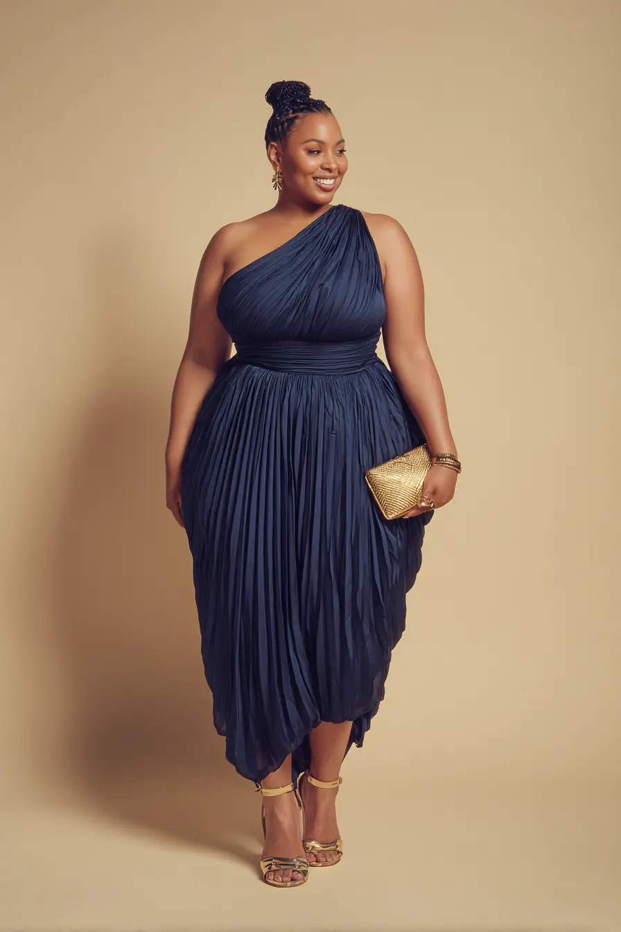 Pleated One-Shoulder Dress + Gold Accessories