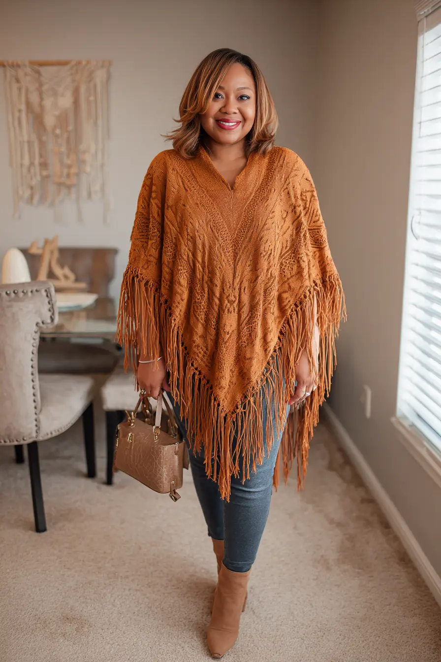 Textured Fringe Poncho + Slim Denim