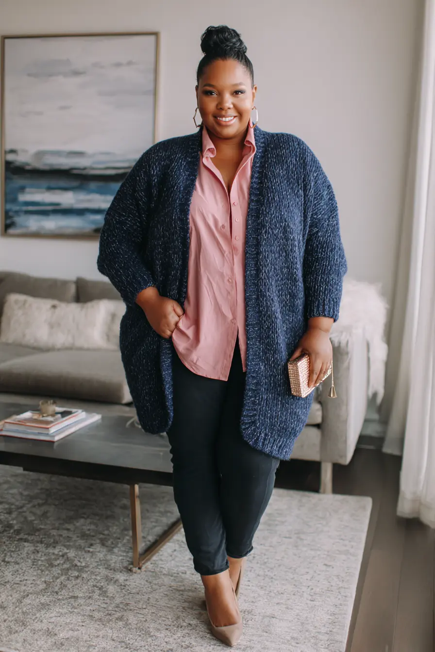 Chunky Knit Cardigan + Button-Down Shirt