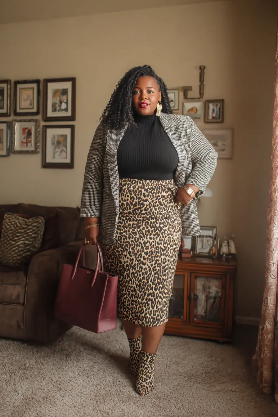 Houndstooth Blazer + Leopard Pencil Skirt