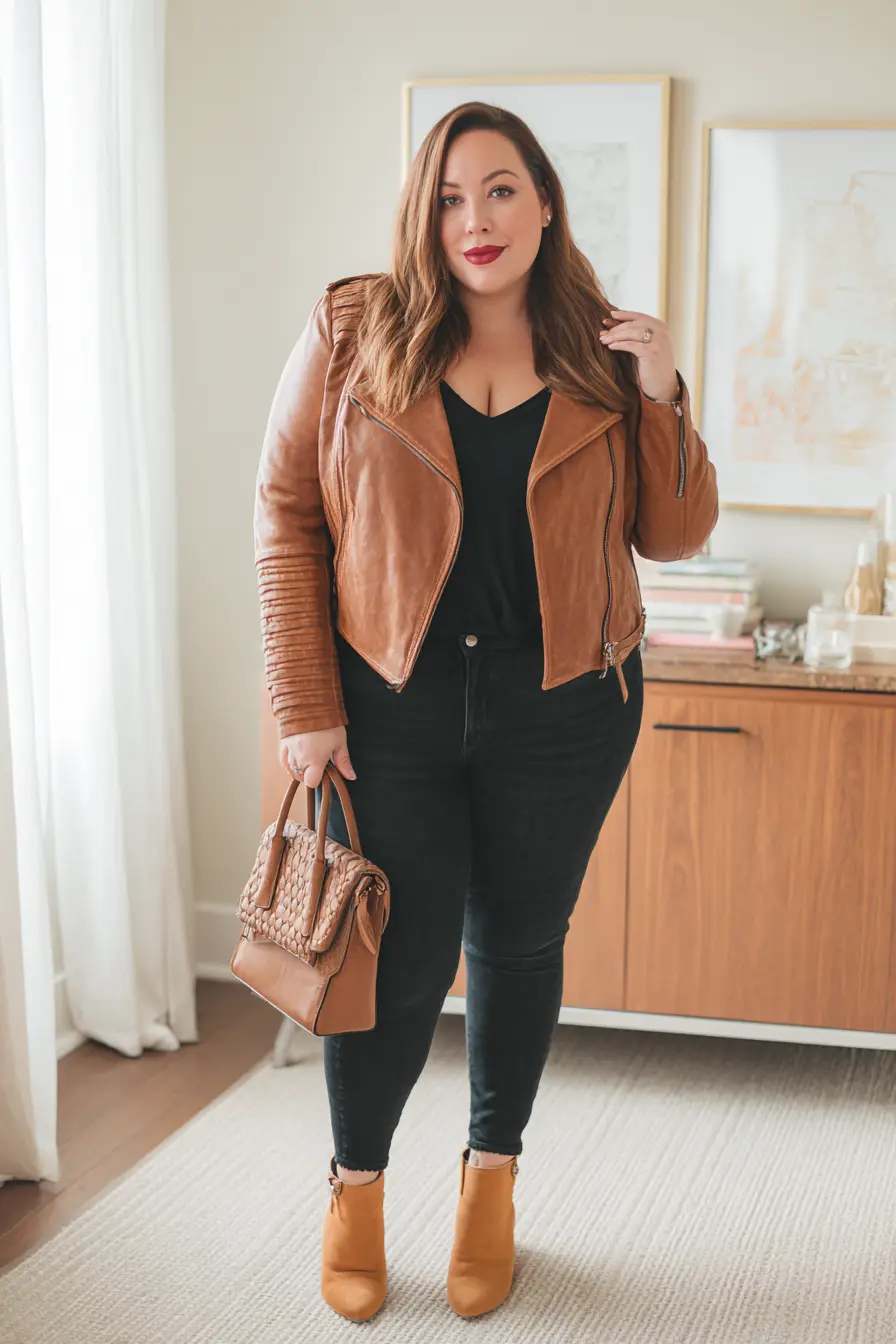 Cognac Moto Jacket + Black Skinny Jeans