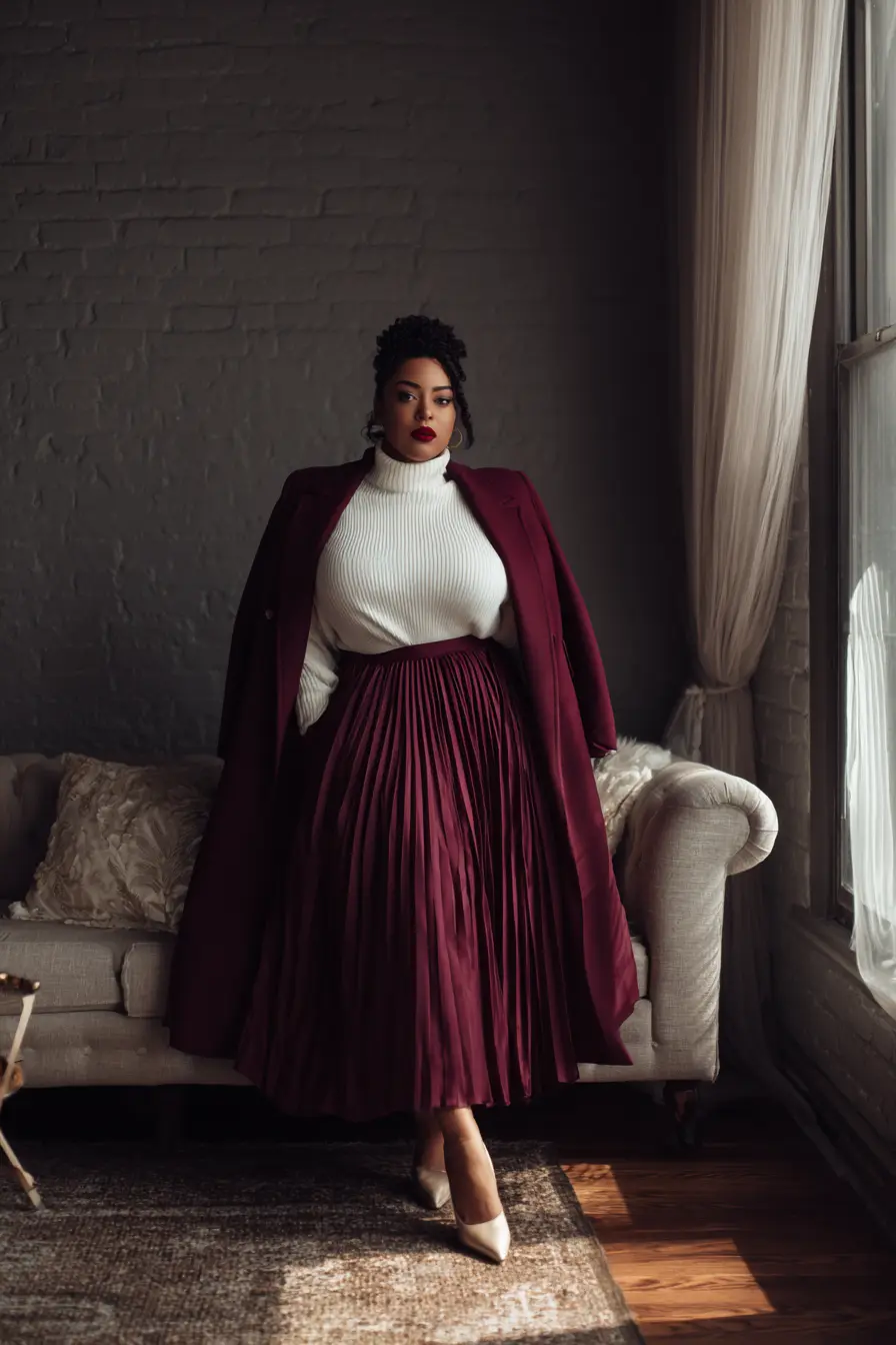 Layered Burgundy Elegance + Pleated Midi Skirt