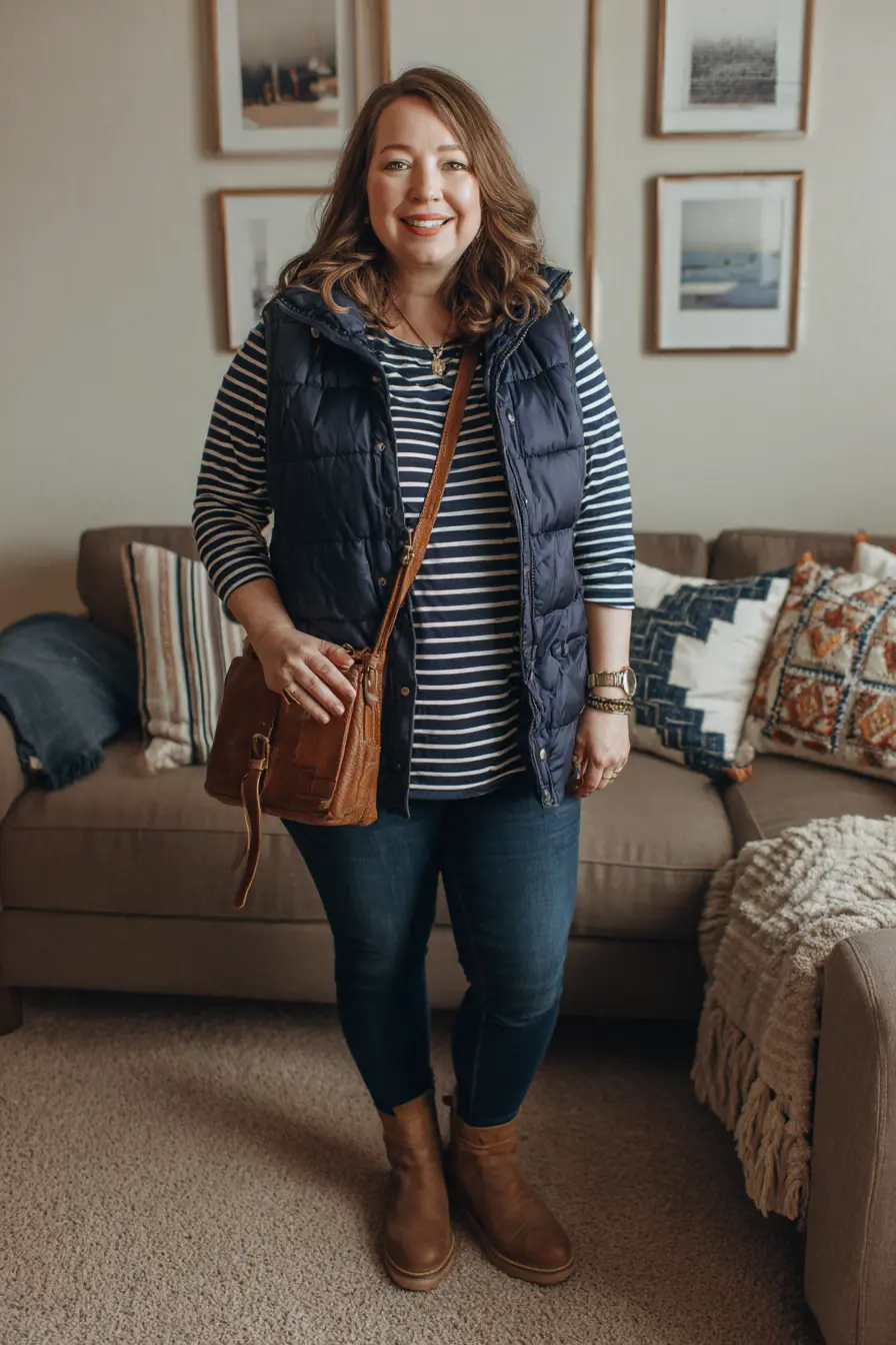 Quilted Vest + Striped Top + Dark Denim