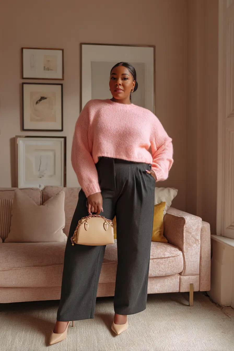 Soft Blush Knit + Tailored Wide-Leg Pants