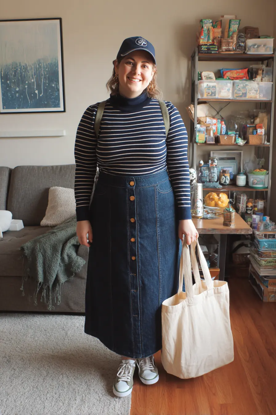 Striped Turtleneck + Button-Front Denim Skirt