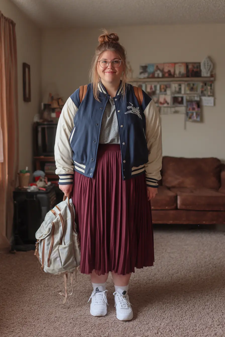 Varsity Jacket + Pleated Midi Skirt