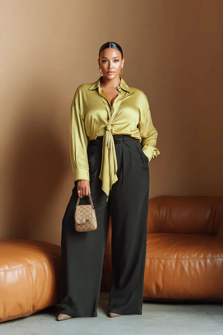 Satin Tie-Front Blouse + Wide-Leg Trousers