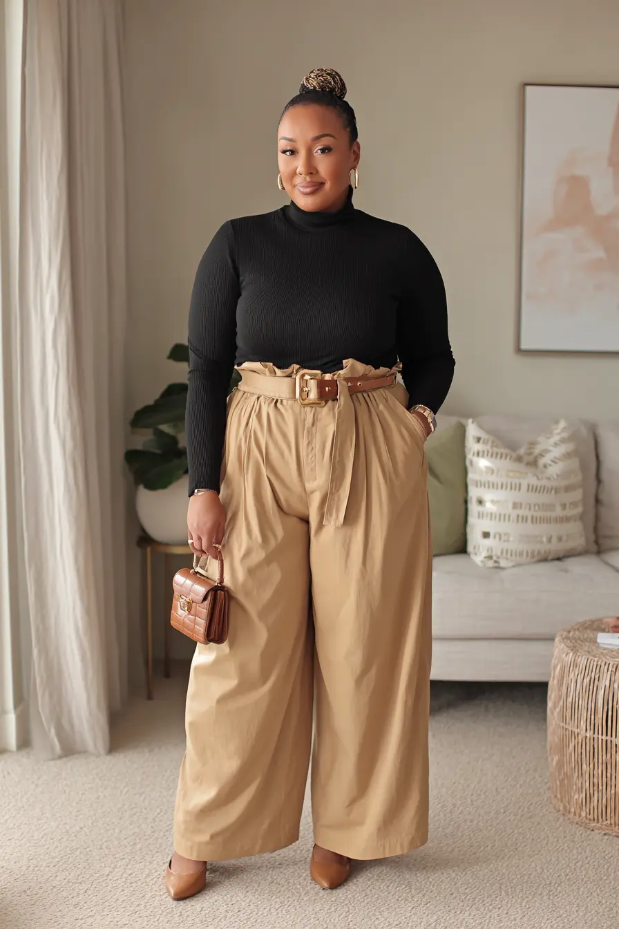 Belted Paperbag Trousers + Sleek Turtleneck