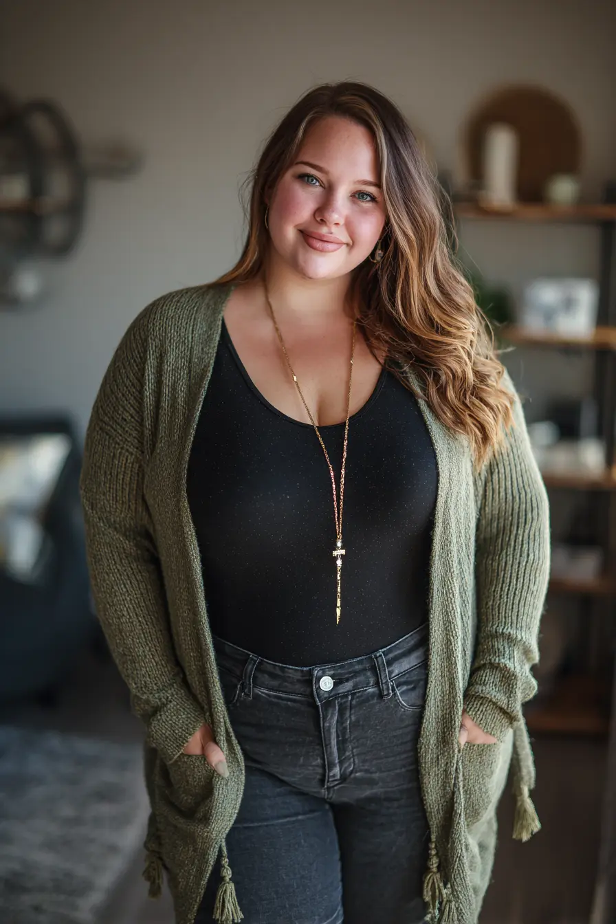 Olive Knit Cardigan + Black Bodysuit