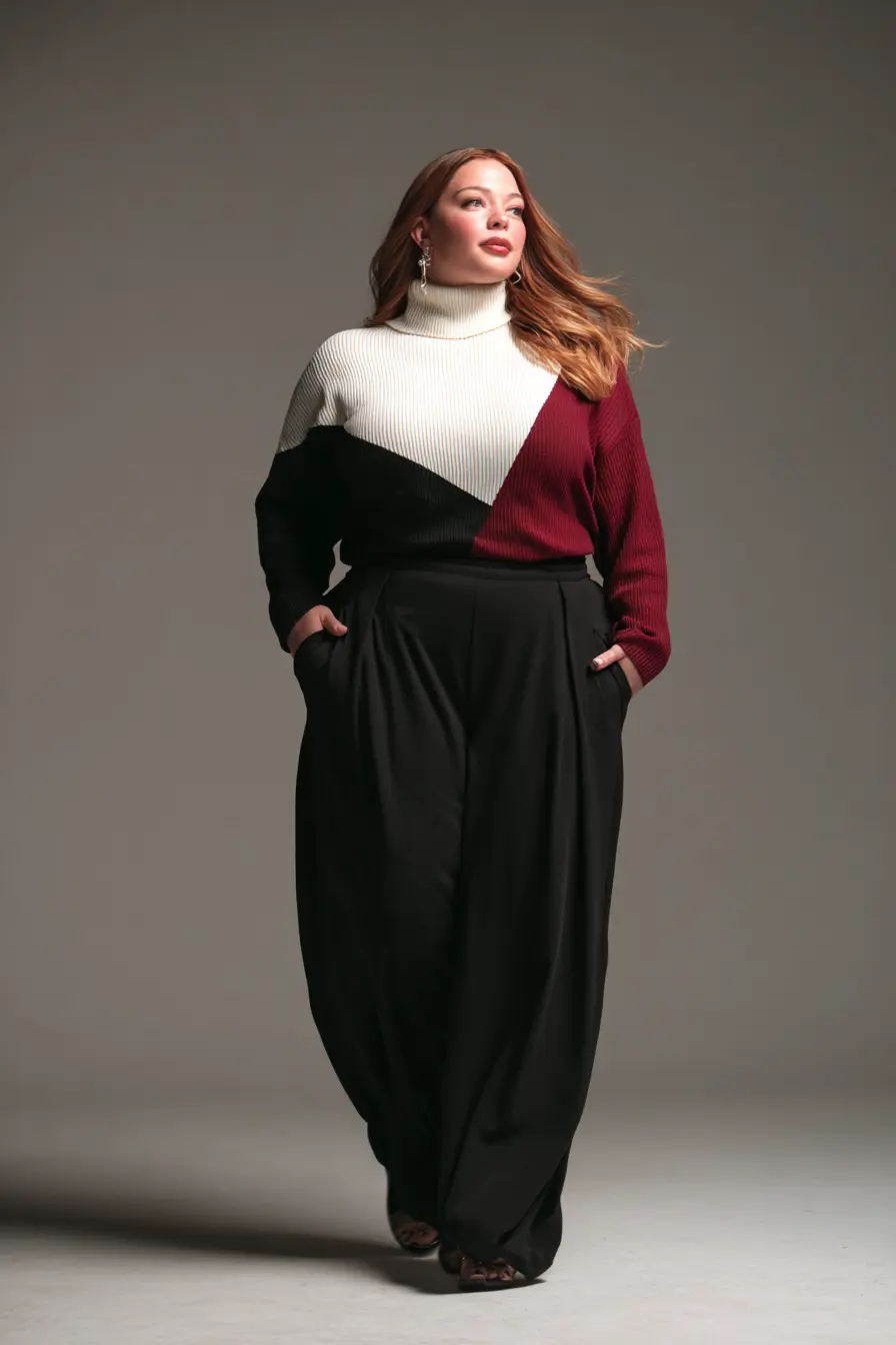 Colorblock Turtleneck + Fluid Wide-Leg Pants