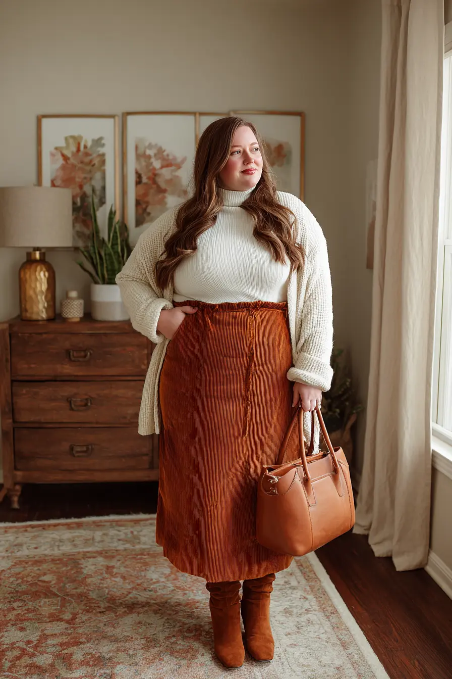 Ribbed Turtleneck + Corduroy Midi Skirt